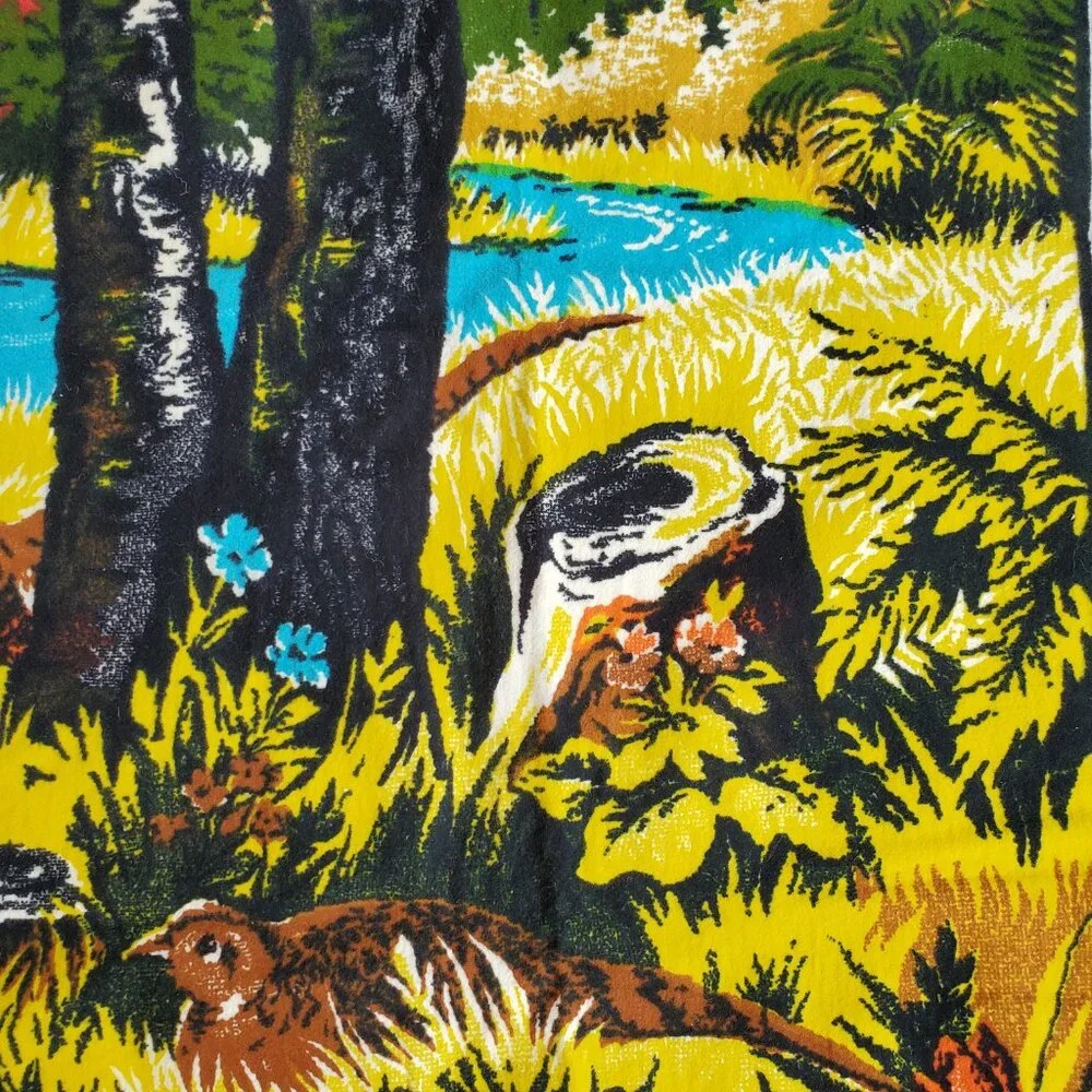Vintage Velvet Woven Wall Tapestry Pheasant Stream Woods 55.5
